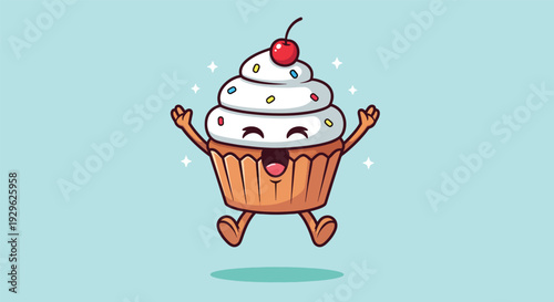 Happy jumping cupcake cartoon character illustration.