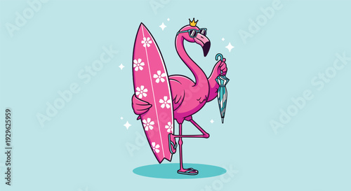Pink Flamingo with Surfboard and Umbrella Ready for Summer Vacation.