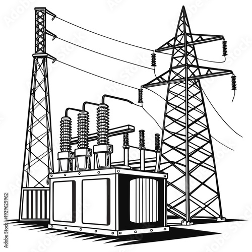Electric power transmission towers and transformer station