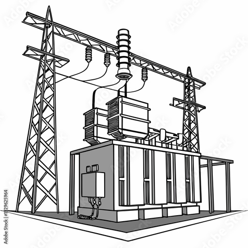 Voltage electrical substation with power lines and transformer