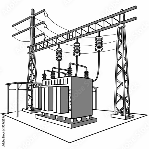 Industrial power transmission station with transformer and voltage towers