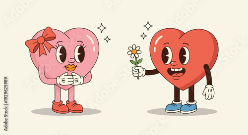 Retro Cartoon Hearts Giving Flower Romantic Scene.