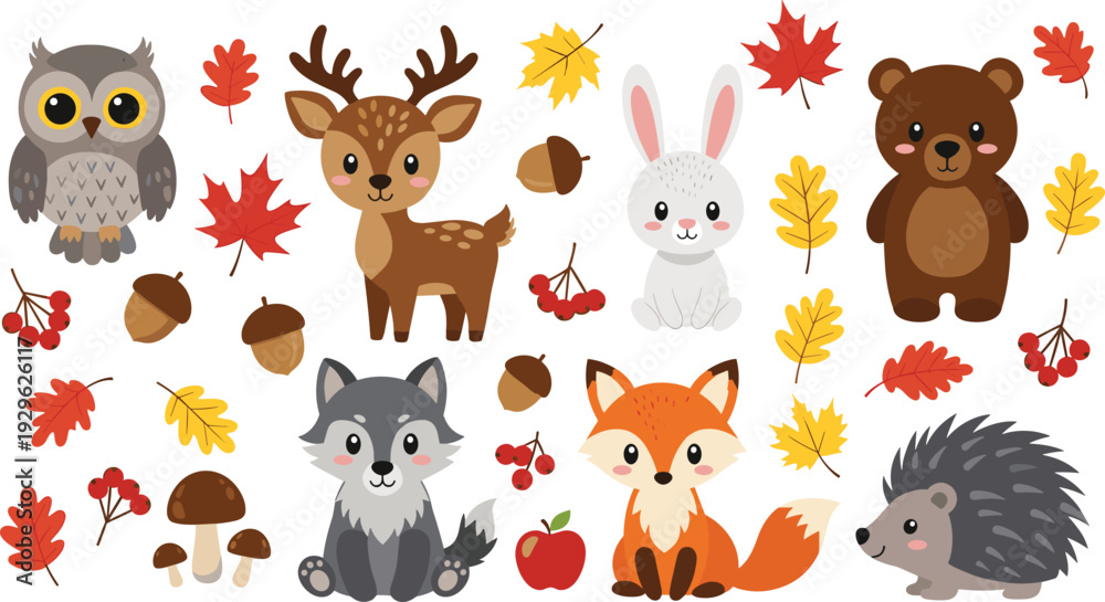 Obraz premium Woodland Autumn Animal Illustration Set – Cute Kawaii Forest Creatures with Fall Leaves Acorns and Mushrooms for Nursery Decor and Thanksgiving Stationery