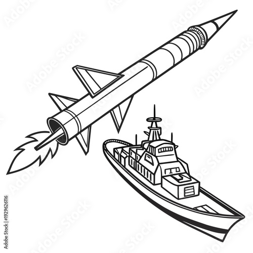 Black and white of missile launching from warship boat