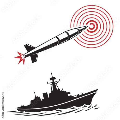 Cinematic of guided missile launched from warship towards red target