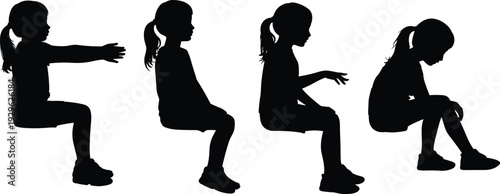 Black silhouettes of a young girl sitting in various poses including reaching and resting isolated on white background for design