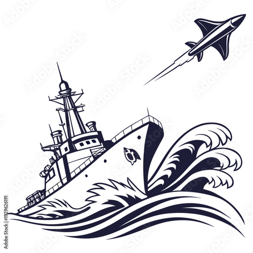 Navy warship with missile cutting through waves boat