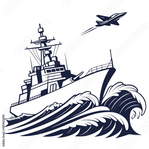 Navy warship cutting through turbulent waves with fighter jet flying overhead