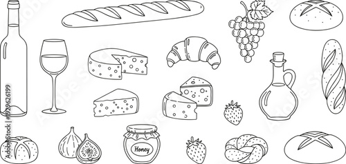 A collection of various food and drink items including wine cheese and bread