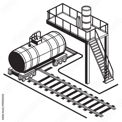 Isometric view of rail terminal with fuel tank car and steel pipe structure