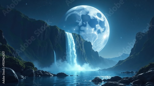 Majestic Waterfall Under Giant Blue Moon