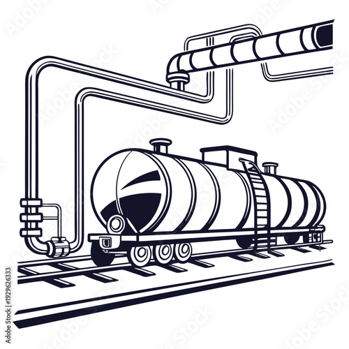 Black and white of fuel train tanker with pipeline