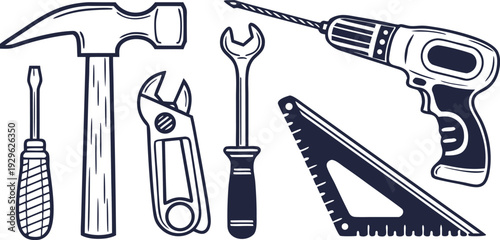 Collection of various hand tools for DIY projects and home repair, including a drill.