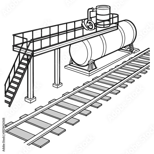Industrial fuel rail terminal with cylindrical tank and tracks
