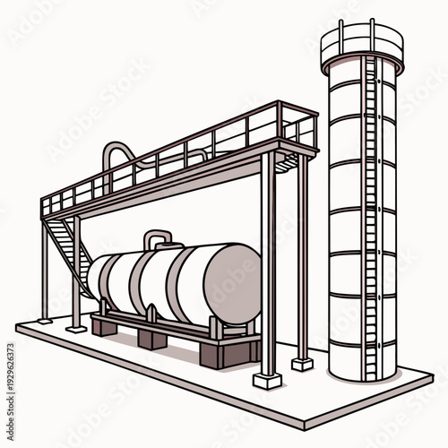 Industrial oil rail loading system with cylindrical tank and tower