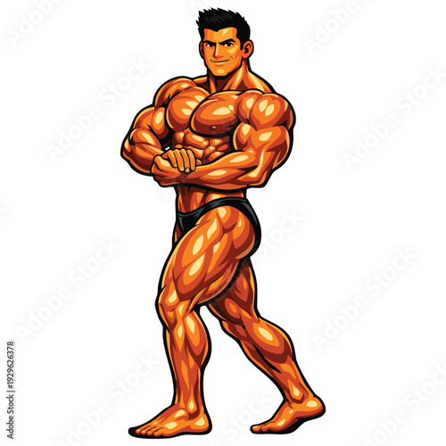 Muscular bodybuilder posing side triceps vector illustration
