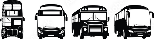 Bus silhouette set, public transport vehicle front view vector isolated white background illustration collection design concept