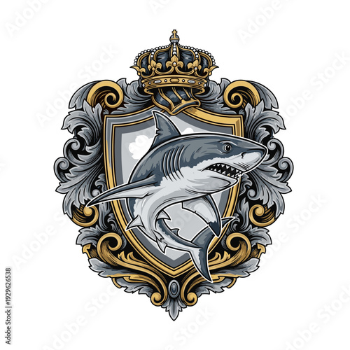 Great white shark swimming within an ornate heraldic shield topped with a golden crown