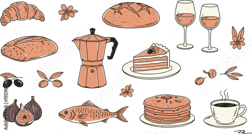 Delicious assortment of food and drink items on a white background