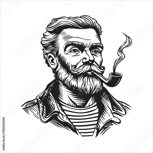 hipster sailor with thick beard and pipe engraving vector illustration 