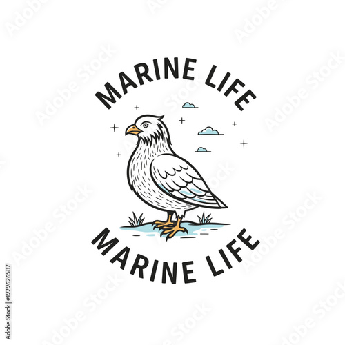 Hand drawn marine bird with Marine Life text and minimal clouds