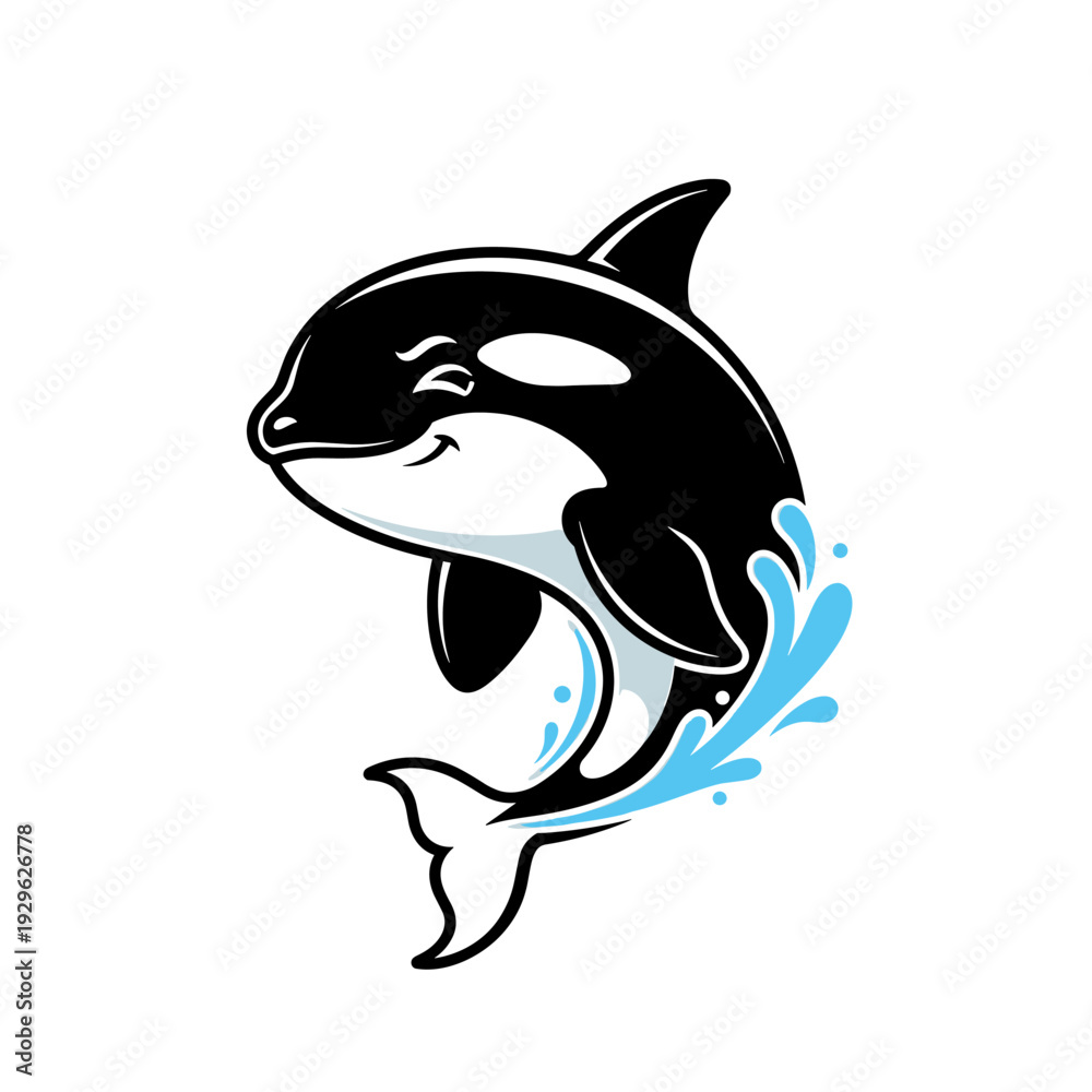 Obraz premium Happy cartoon orca jumping out of water with blue splashes