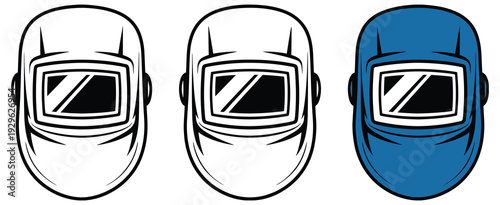 Three Welding Helmets in White Black and Blue, Protective Industrial Safety Gear Set Isolated on Transparent Background for Construction, Manufacturing and Metalwork Professionals.