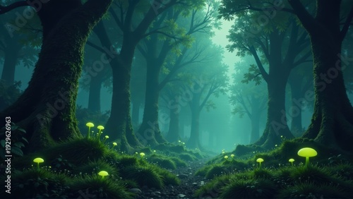 Bioluminescent Green Mushrooms in Misty Woods