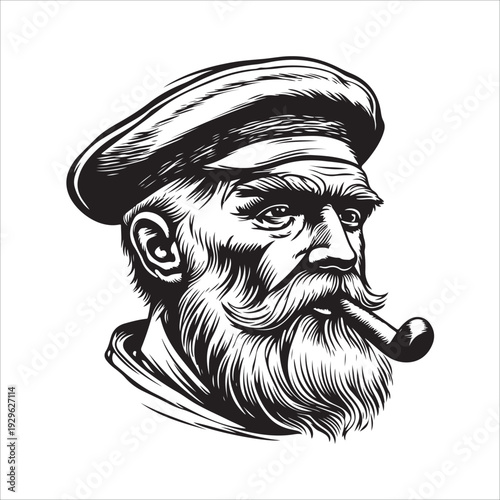 hipster sailor with thick beard and pipe engraving vector illustration 