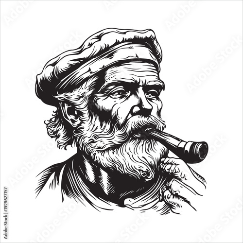 hipster sailor with thick beard and pipe engraving vector illustration 