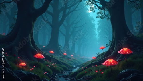 Glowing Red Toadstools by Forest Creek