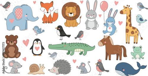 Cute Cartoon Animals Collection with Hearts Birds and Wildlife Vector Set