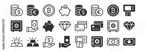 Finance and banking icons set, money payment currency investment savings cash credit bitcoin symbols on transparent background
