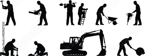 Construction worker silhouettes set featuring heavy machinery, excavator, manual labor, building tools, and industrial professionals isolated on white background for design.