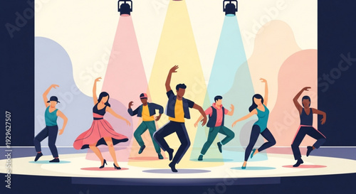 Dancers performing on stage with colorful spotlights shining down