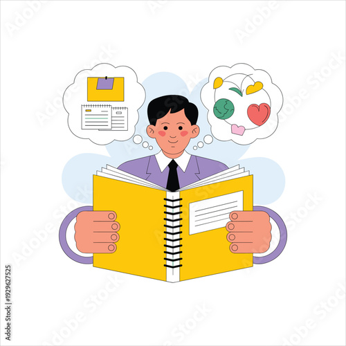 Professional man reading large book while thinking about project tasks and global ideas