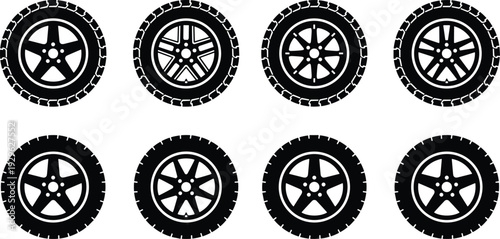 Car wheel and tire silhouette set, automotive rim vector isolated white background vehicle illustration collection design concept
