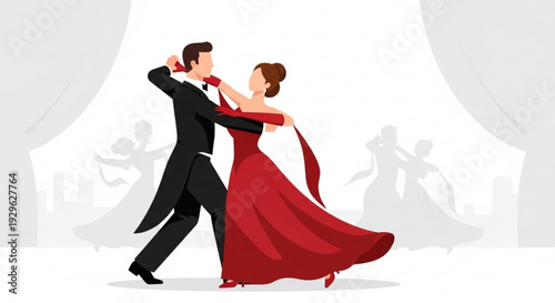 Couple dancing in elegant formal attire on a stage