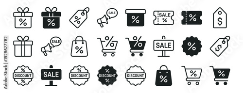 Sale and discount shopping icons set, retail price tag coupon offer promotion and percent symbols on transparent background