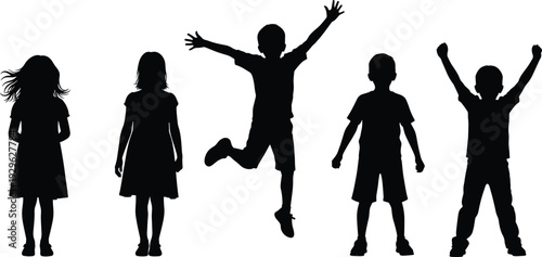 Children silhouette set, happy kids standing and jumping vector isolated white background childhood activity illustration collection design concept