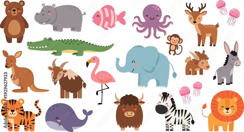 Obraz premium Cute Wild Animals Collection with Jungle and Ocean Cartoon Vector Set