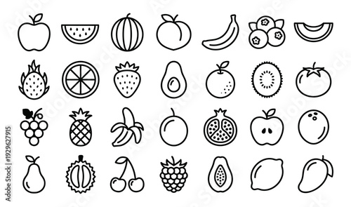 Fruit and healthy food line icons set, fresh organic apple banana orange and tropical fruits symbols on transparent background