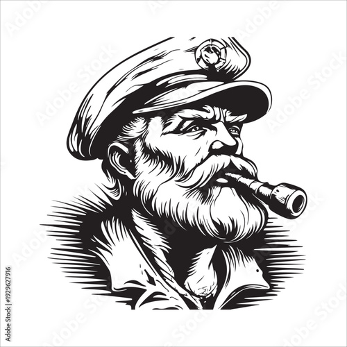 hipster sailor with thick beard and pipe engraving vector illustration 