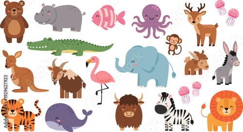 Cute Wild Animals Collection with Jungle and Ocean Cartoon Vector Set