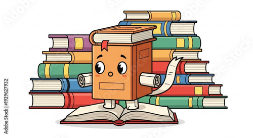 Cartoon book character sitting on stack of colorful books reading