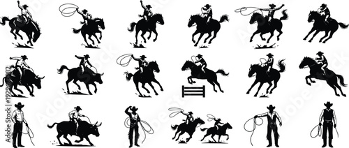 Cowboy silhouette collection riding horses and bulls lassoing in rodeo competition isolated on white background vector illustration for western crafts,