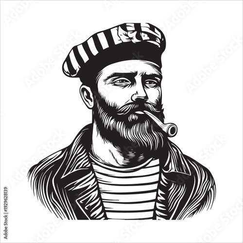 hipster sailor with thick beard and pipe engraving vector illustration 
