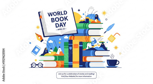 World book day celebration with colorful books and stationery