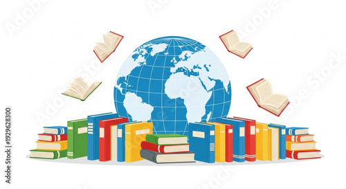 Global education concept with books and globe on white background
