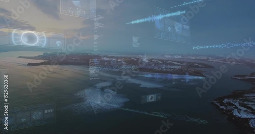 Sunrise glow starting holographic HUDs appearing over island and sea, showing ice and shore data